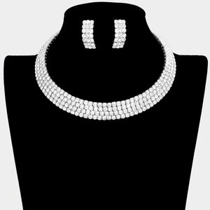 Silver Rhinestone Crystal Necklace Choker Four Row Banded Formal Jewelry Set